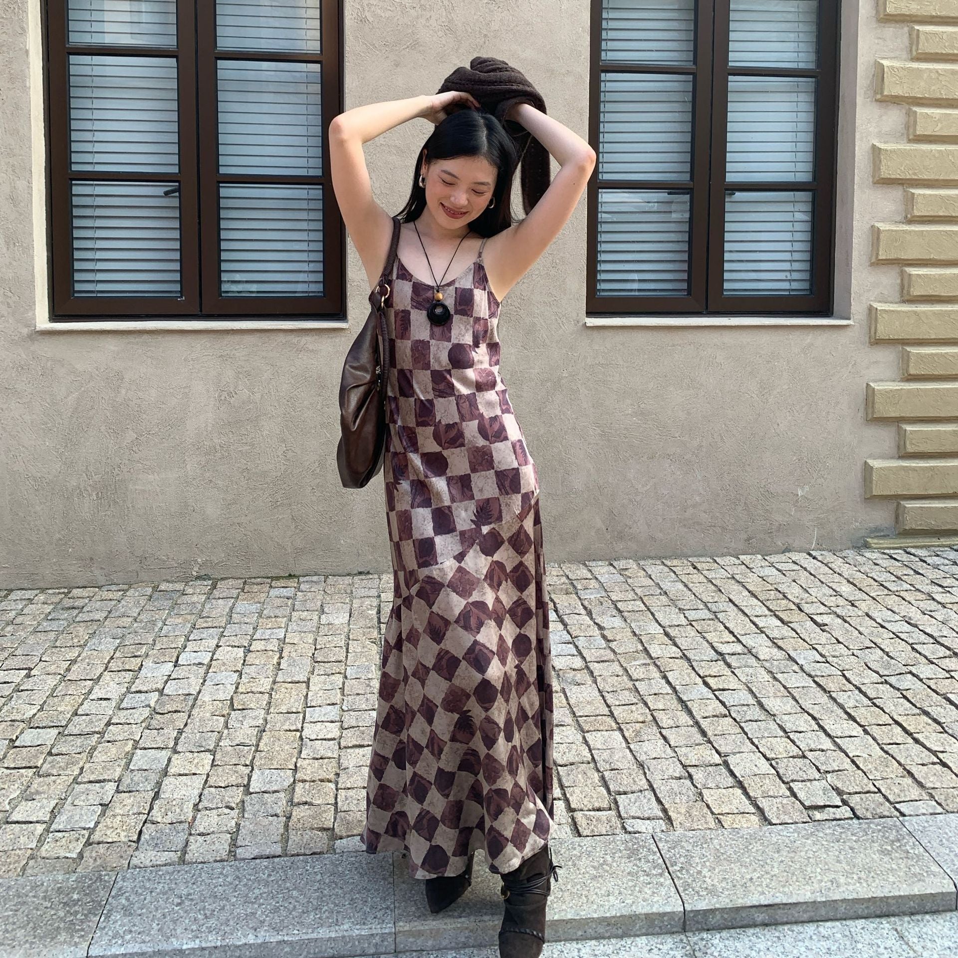 Skinny temperament checkerboard long suspender dress