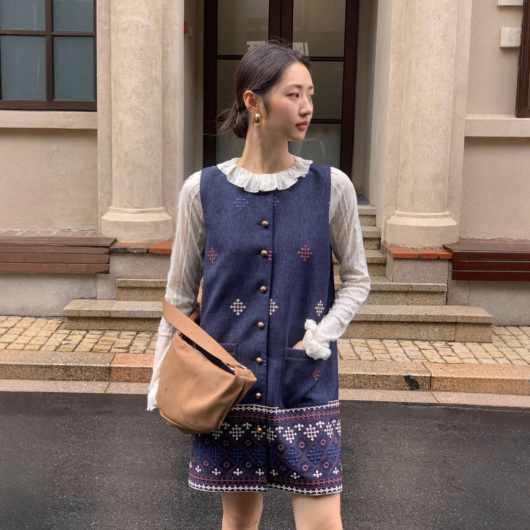 Women's Floral Embroidered Single-Breasted Sleeveless Vest Mini Dress