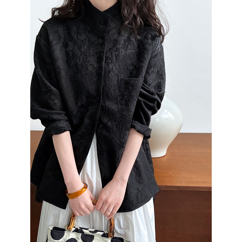 Retro new Chinese style shirt women's autumn texture jacquard stand-up collar high-end commuter top
