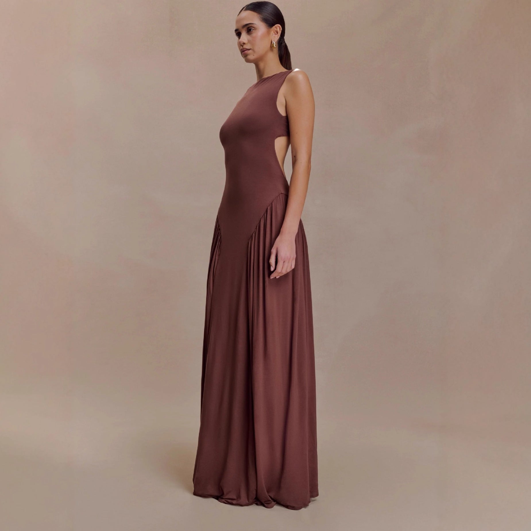 Fashion pleated hollow vest long dress slim-fitting backless sexy one-word neck dress