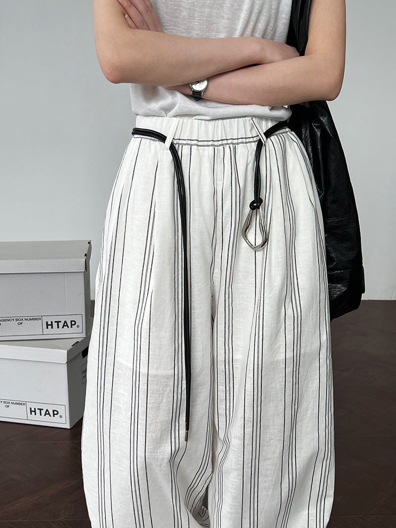 Cotton and linen old money wind striped elastic waist casual pants women's new summer models with belts lazy wide legs