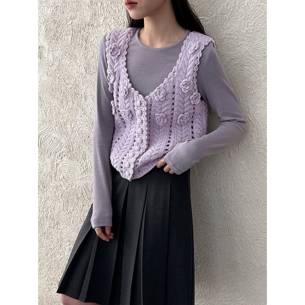 Gentle three-dimensional crochet knitted sweater vest women's 26 early spring wool hollow V-neck stacked vest