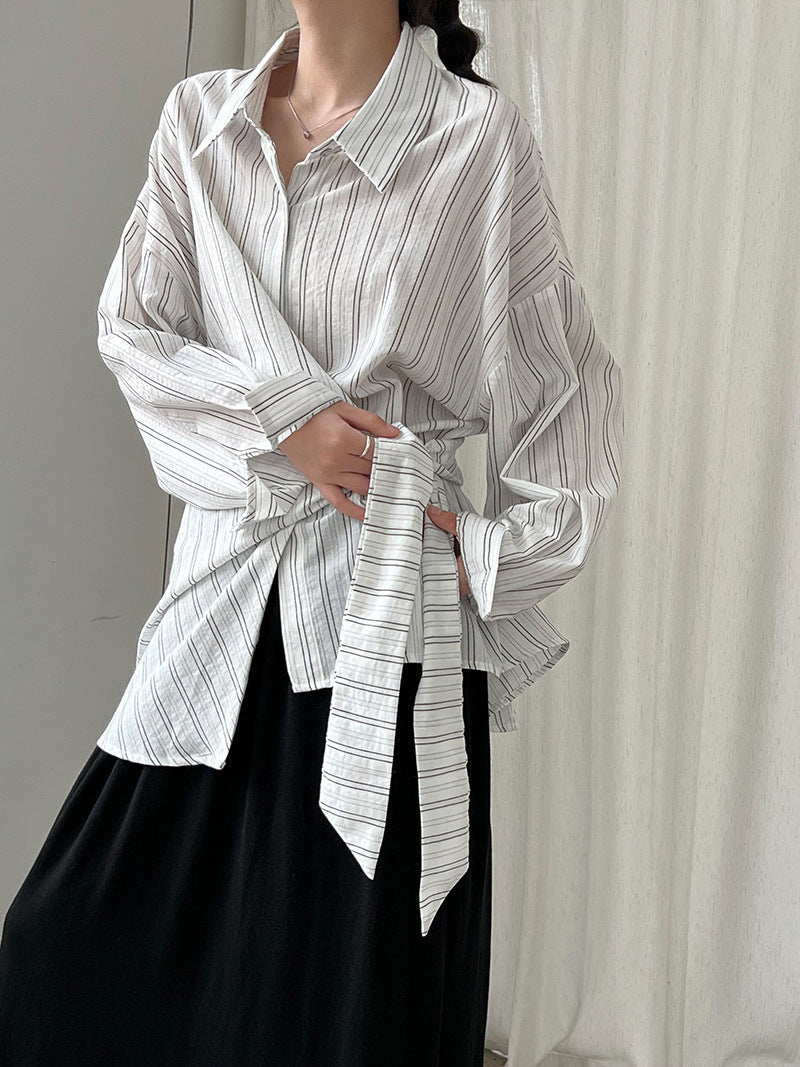 Niche texture striped strap waist shirt 25 autumn Korean irregular shirt