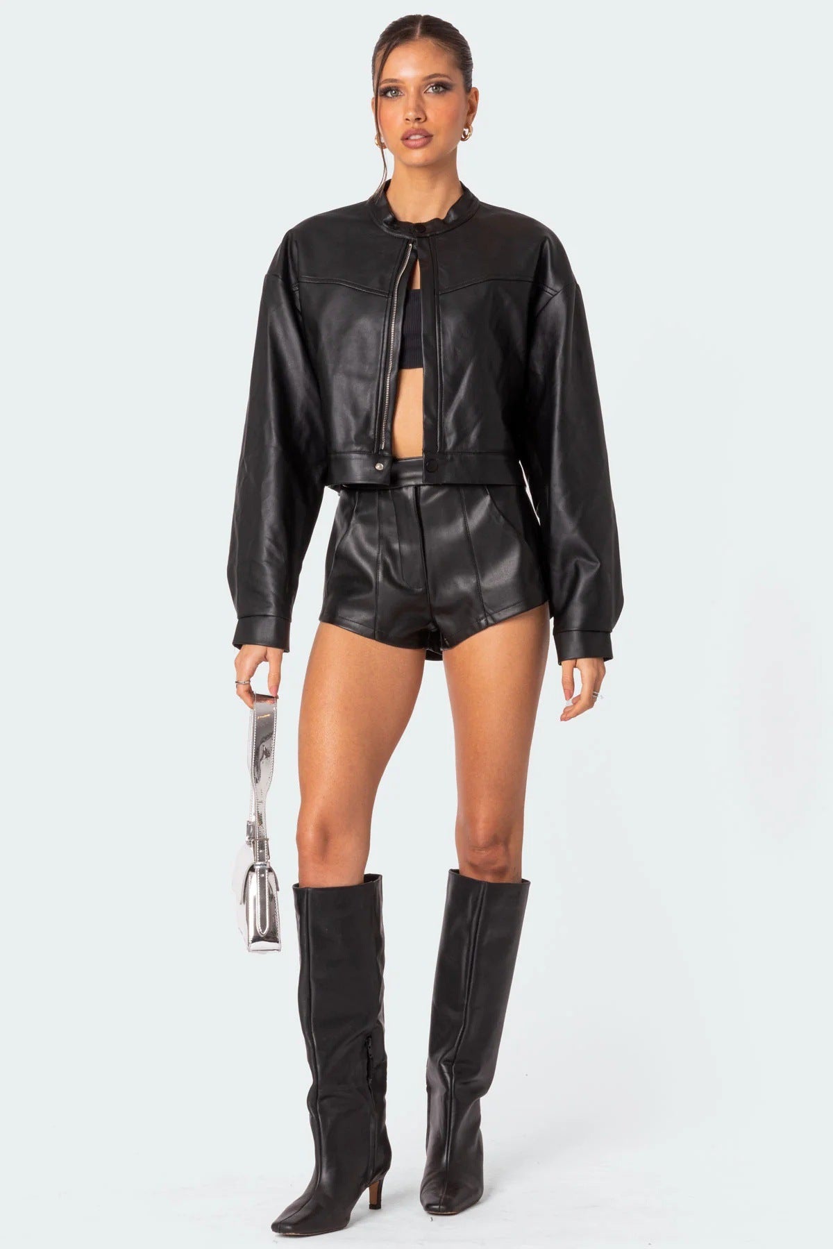 hot girl street style top wind motorcycle leather jacket hip cover shorts suit