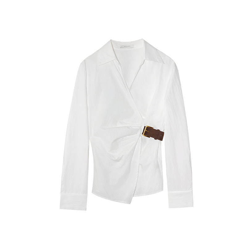 Temperament diagonal placket waist long-sleeved lapel shirt