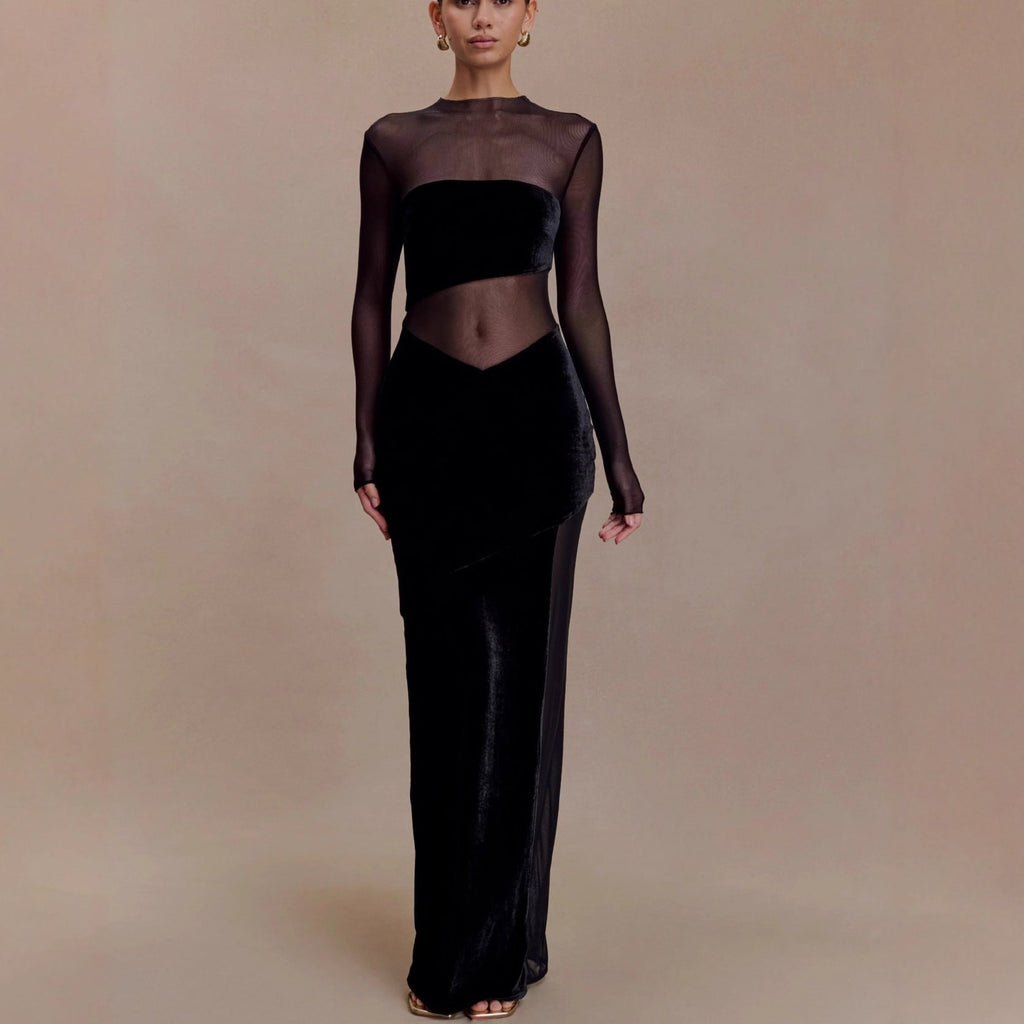 Fashion mesh hollowed-out splicing dress perspective sexy hottie long-sleeved autumn and winter dress