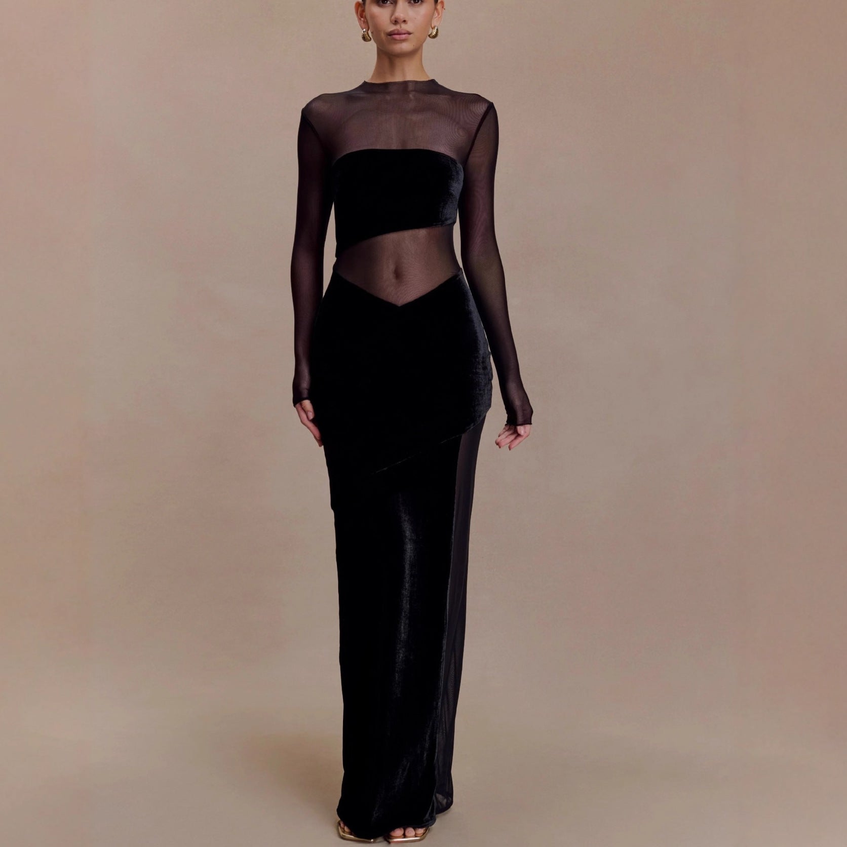 Fashion mesh hollowed-out splicing dress perspective sexy hottie long-sleeved autumn and winter dress