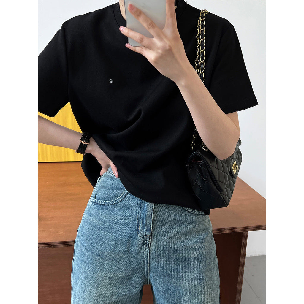 Letter embroidery simple short-sleeved T-shirt women's spring and summer new inner pullover bottoming shirt front shoulder top