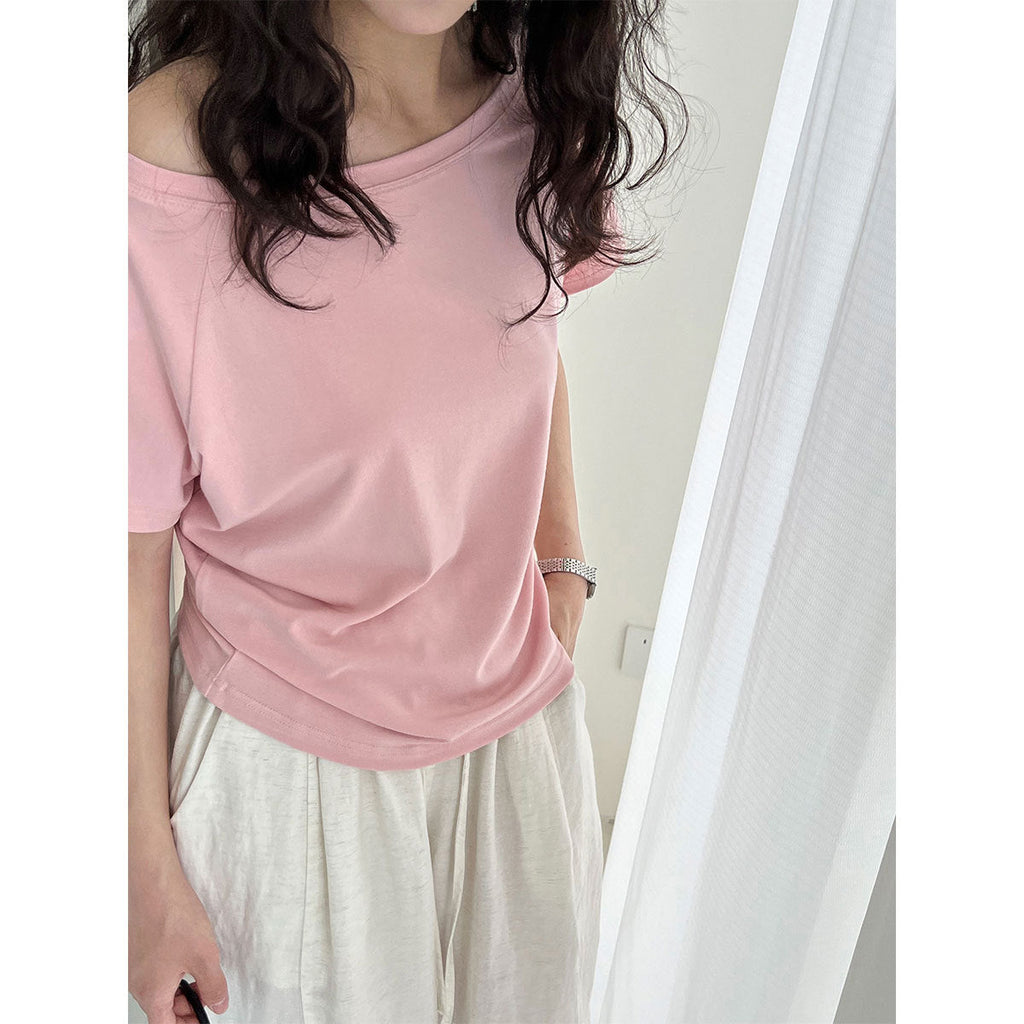 Korean simple niche design one-word off-the-shoulder short-sleeved women's summer new diagonal collar loose T-shirt