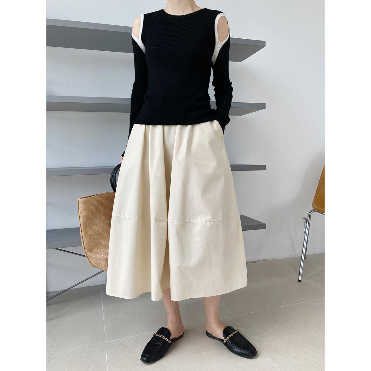 Autumn high waist thin fluffy a-shaped skirt skirt elastic waist medium and long swinging umbrella skirt