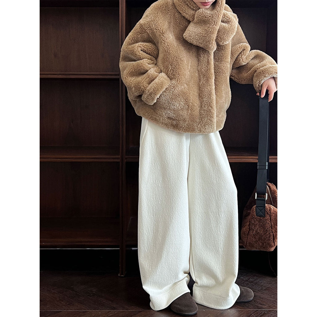 Korean wool plush texture, high-waisted elastic, casual, versatile straight-leg trousers, women's winter new style