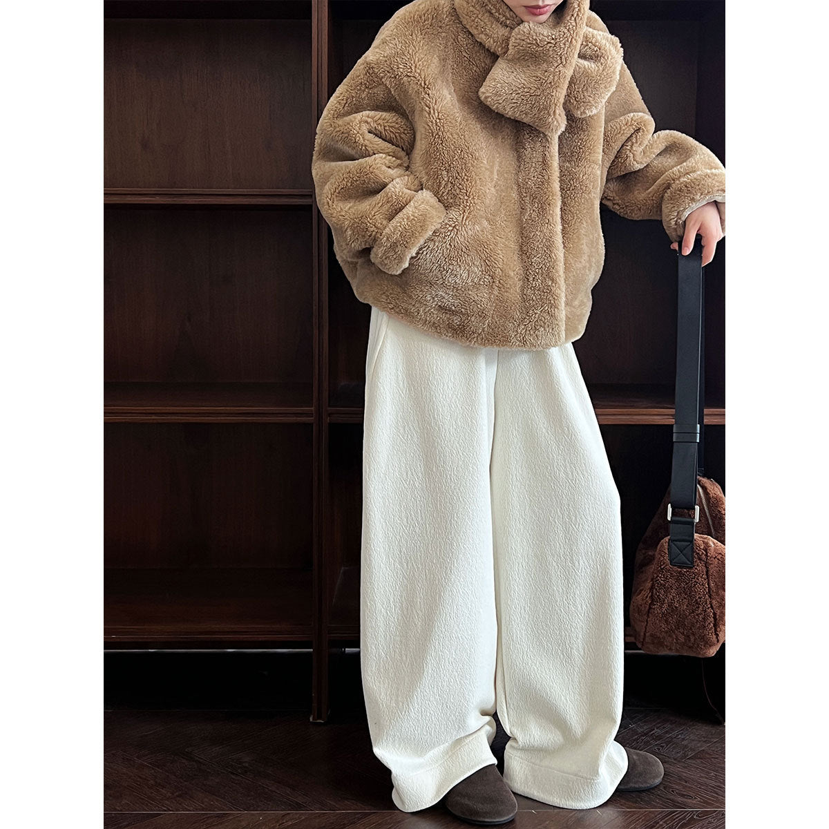 Korean wool plush texture, high-waisted elastic, casual, versatile straight-leg trousers, women's winter new style