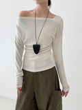 Korean asymmetrical button off-shoulder long-sleeved high-elastic bottoming shirt top women's Qiuxin slim-fitting and thin knitted sweater