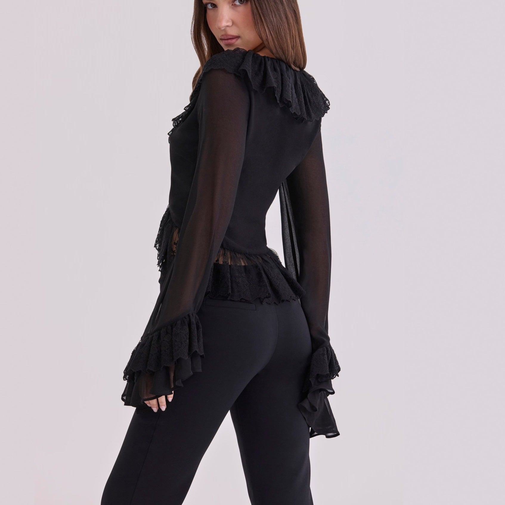 Wind fashion ruffled chiffon top slim fit with lace-up sexy see-through flared sleeve cardigan