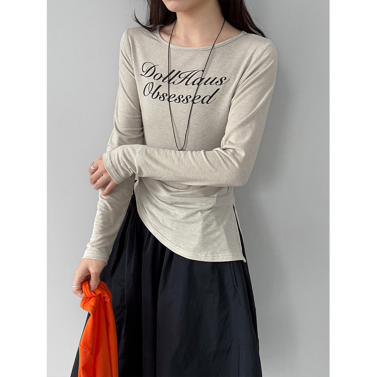 Irregular letter-printed slim-fit bottoming shirt Thin pleated Tencel wool long-sleeved T-shirt