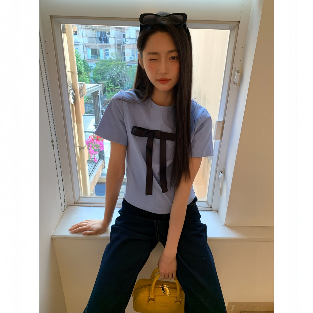 Early spring French slimming versatile slim bow short-sleeved T-shirt