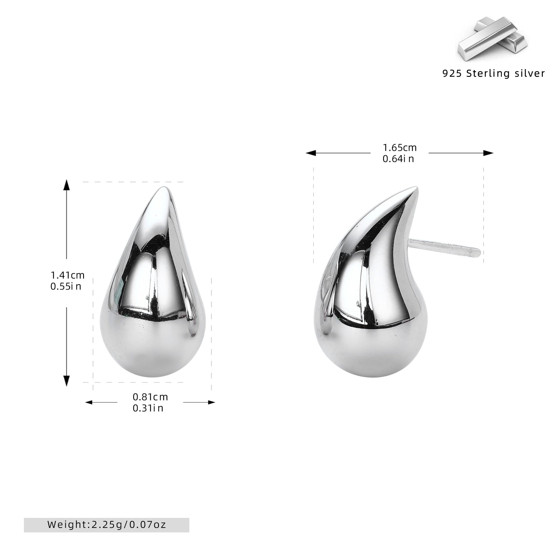 S925 sterling silver water drop stud earrings
