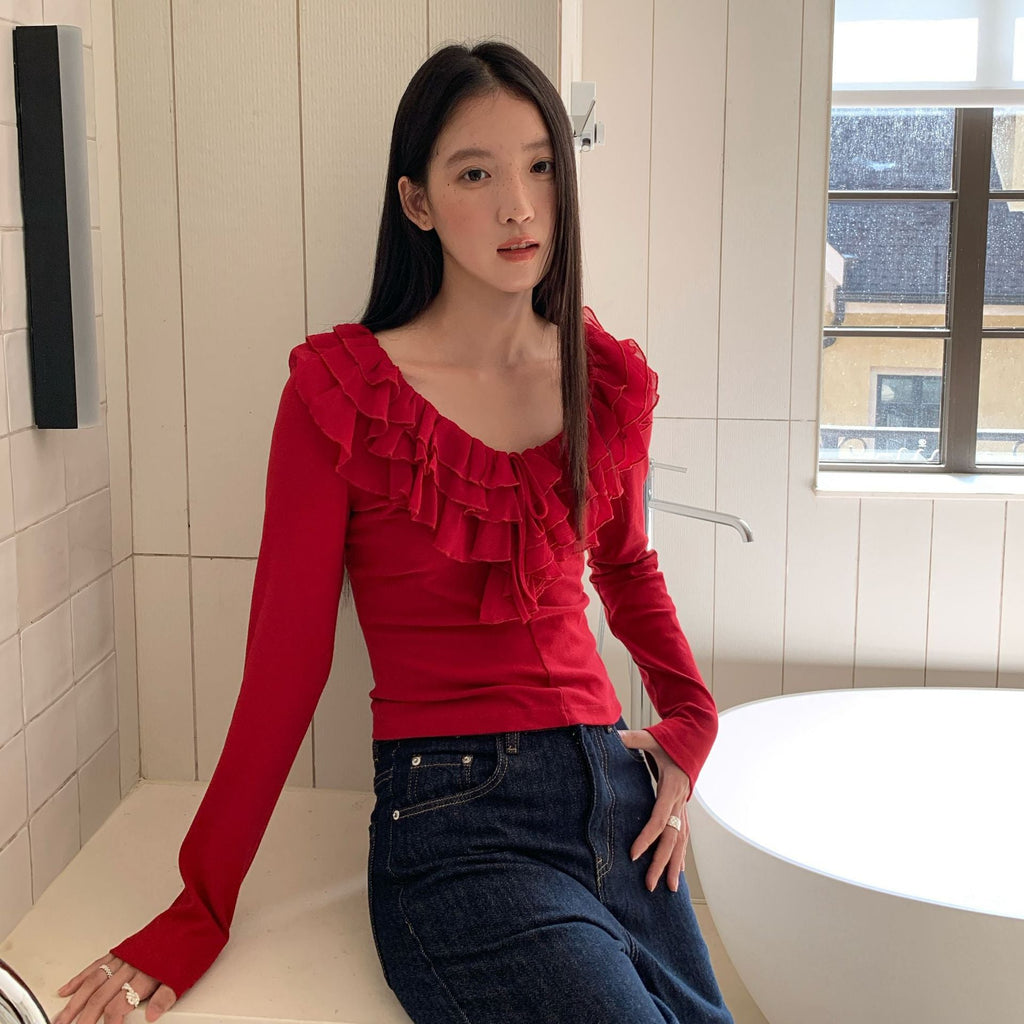 Sweet wind age-reducing ruffle edge slim-fitting long-sleeved bottoming shirt