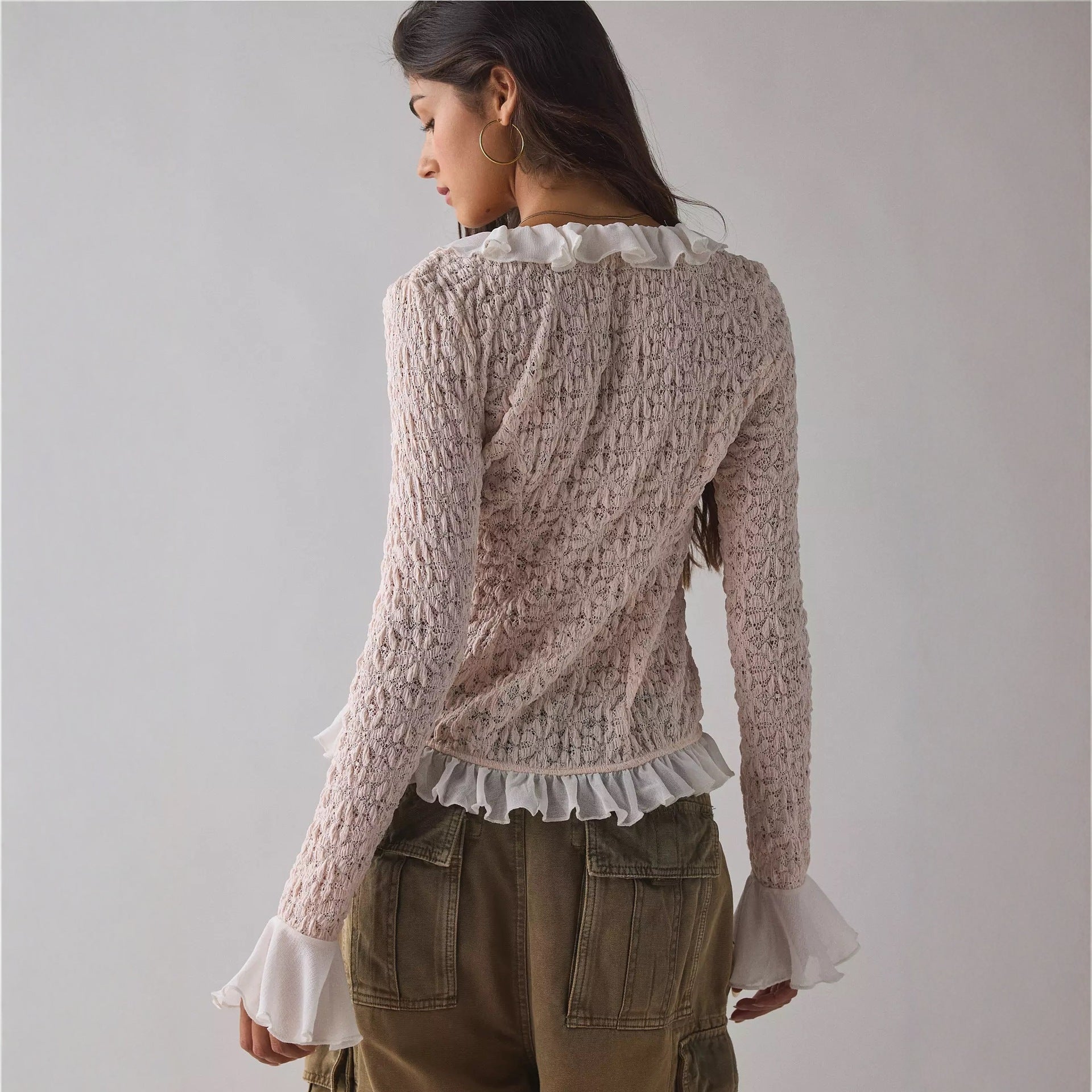 Sexy INS style cardigan ruffle edge flared sleeve waist slim top