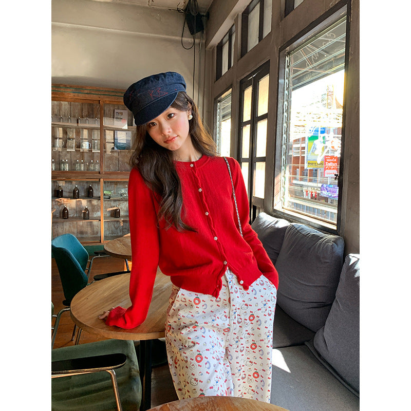 Simple and versatile single-breasted long-sleeved knitted cardigan