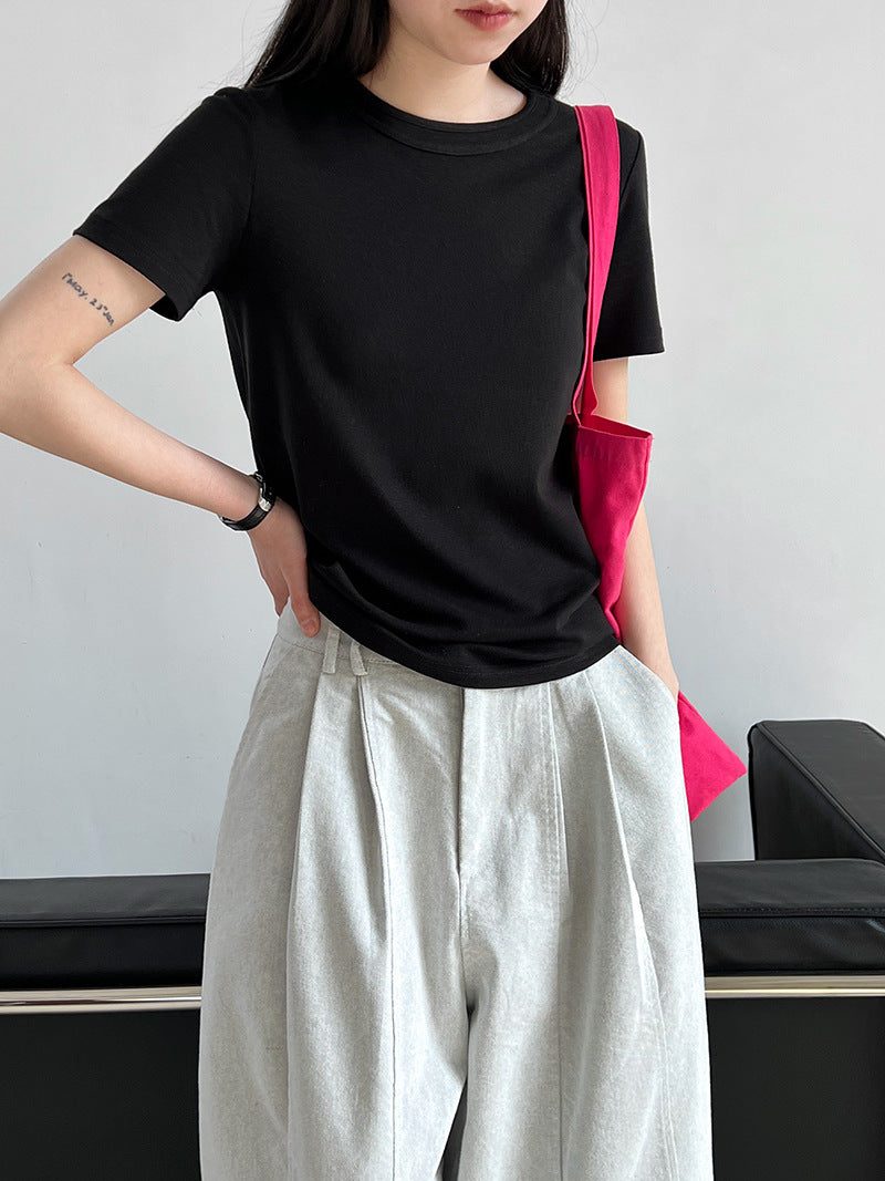 Simple solid color shoulder short-sleeved T-shirt