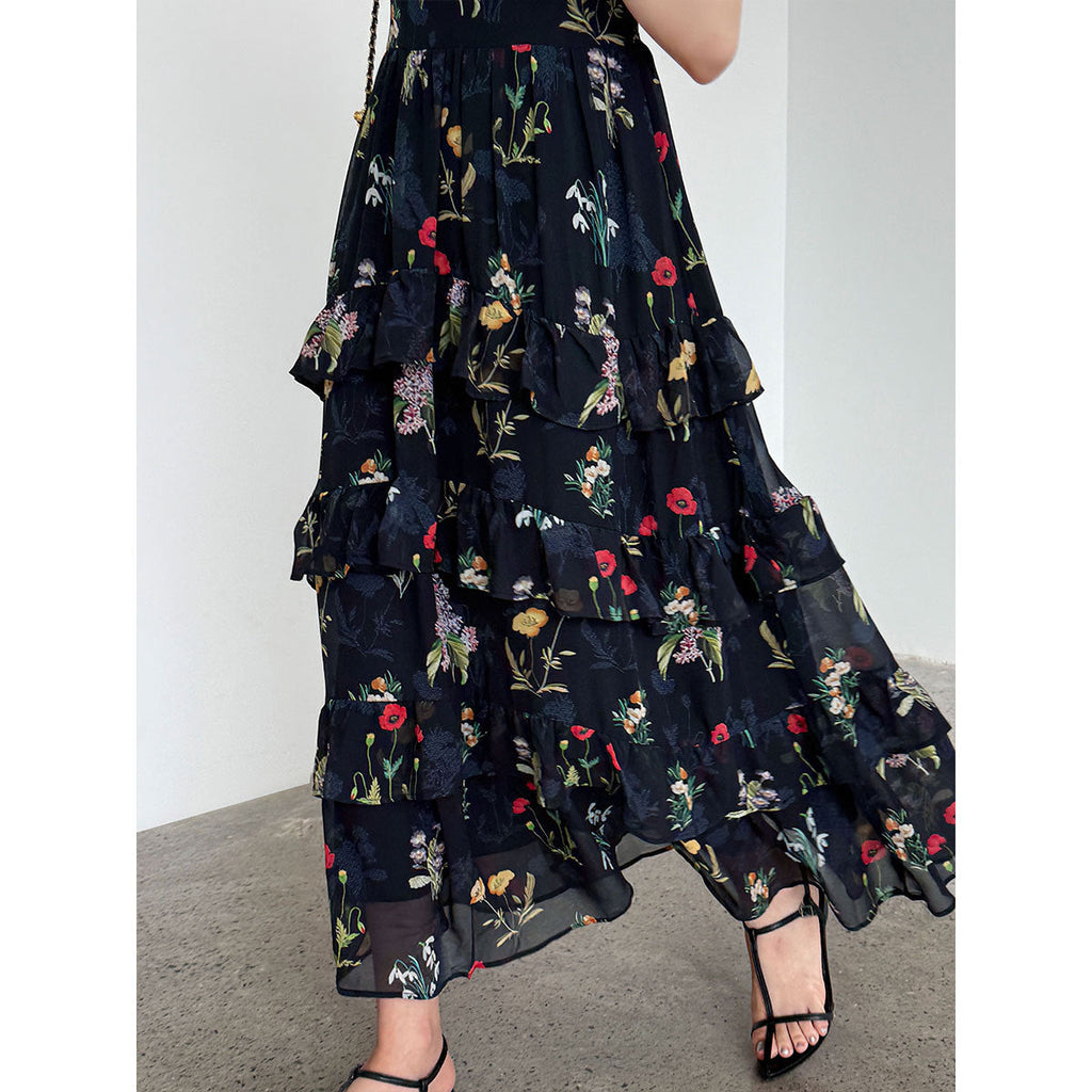 French elegant blended floral V-neck sundress women's summer new waist lace sundress