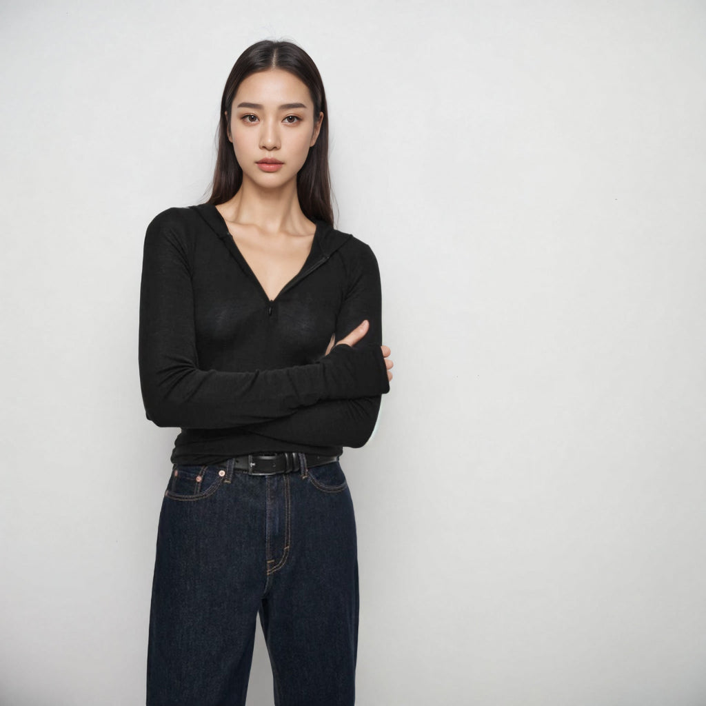 Hooded Long Sleeve Knit Top Women Slim Fit Half-Zip Pullover Sweater