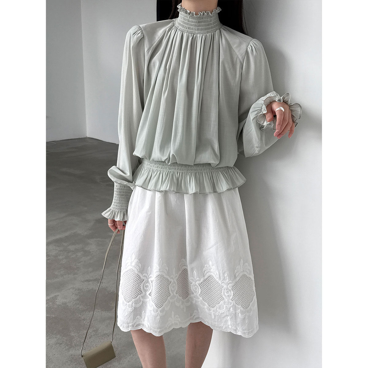 French pleated shirt spring court style petal sleeve bubble sleeve gentle shirt top