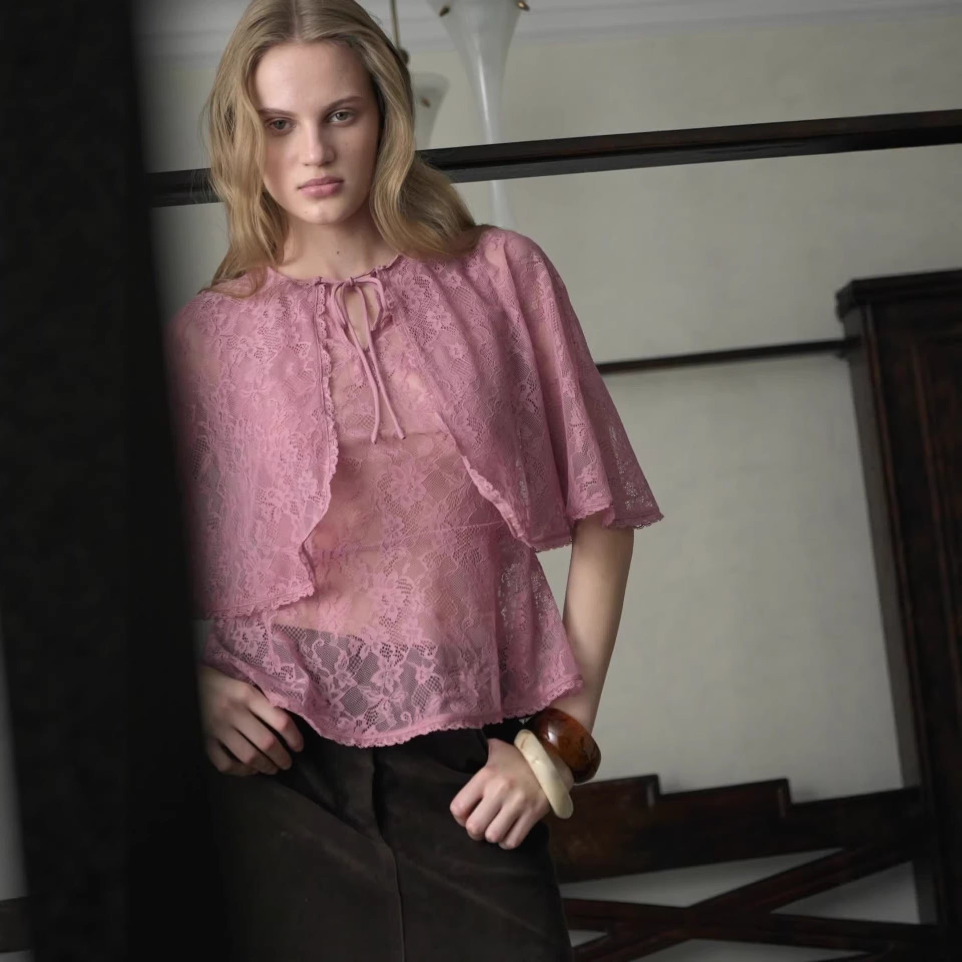 Fashion Solid Color Lace Top Shawl Vacation Two-piece Cardigan T-Shirt