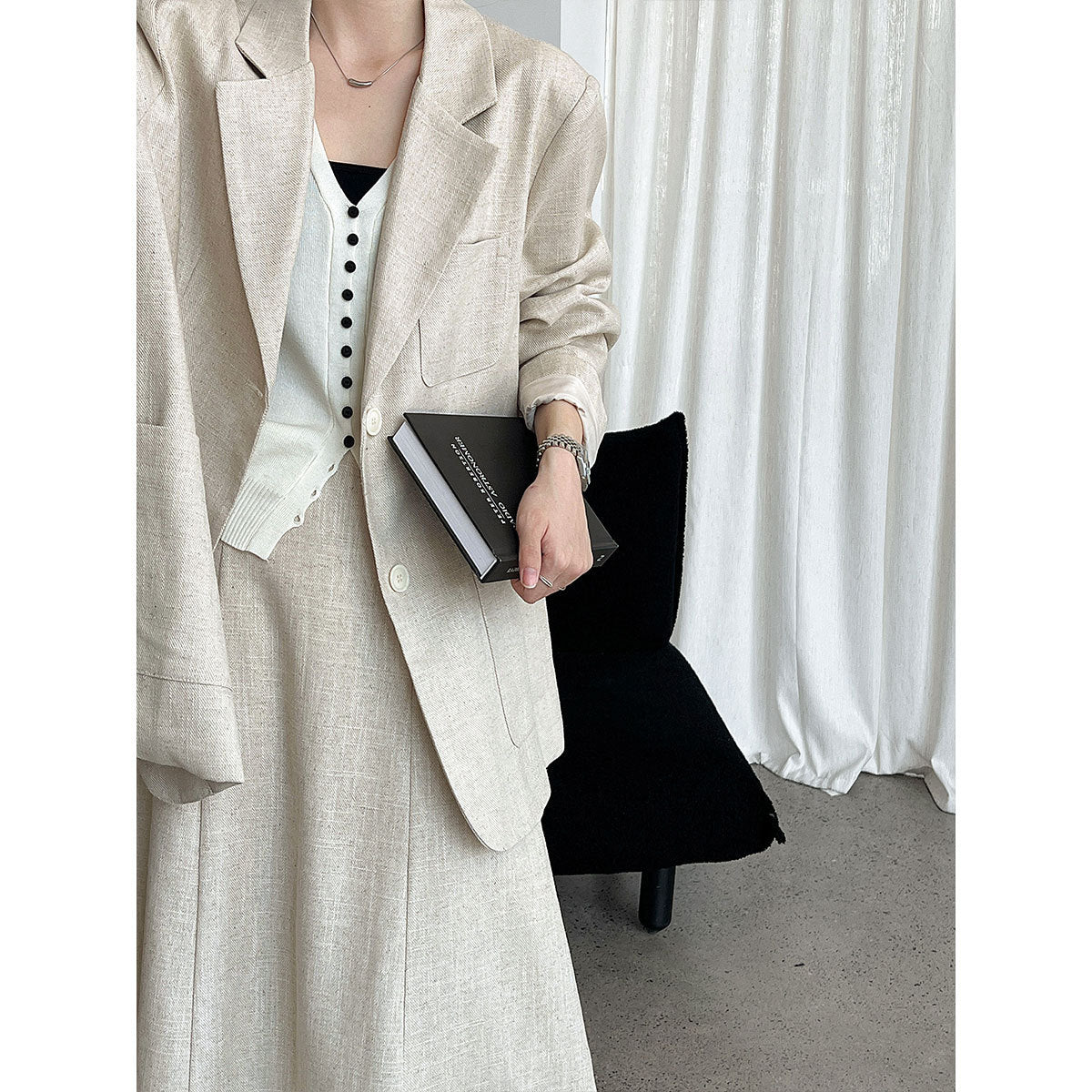Korean basic casual linen suit + skirt autumn commuting temperament silhouette suit
