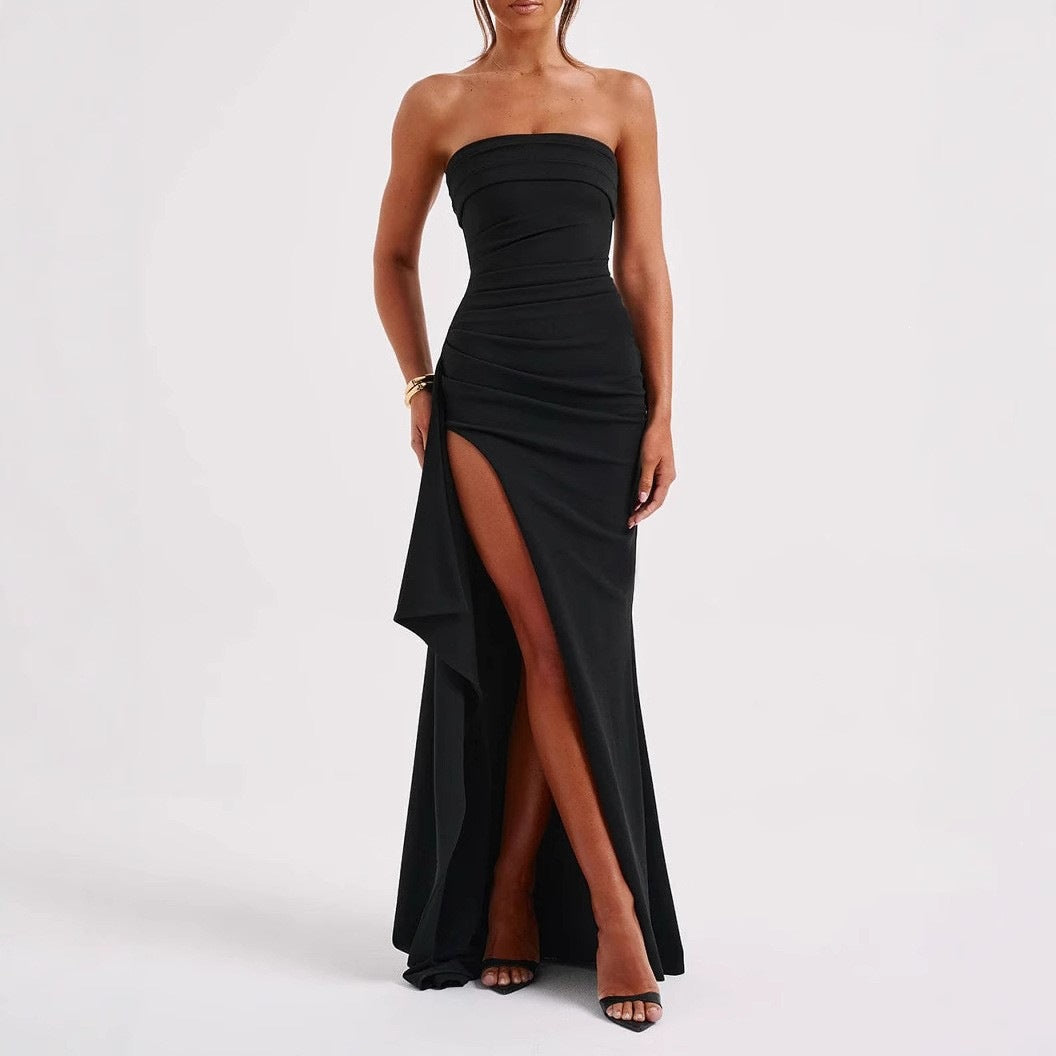 New tube top dress spring and summer sexy side split hip skirt evening dress