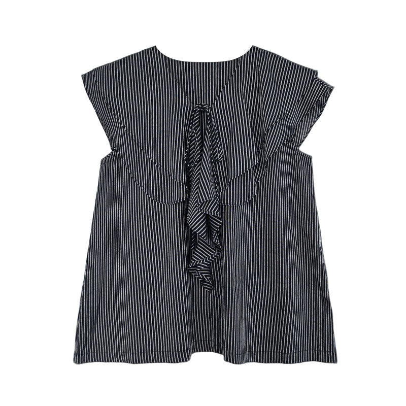 Korean design ruffle shirt women's summer new V-neck striped versatile and thin top