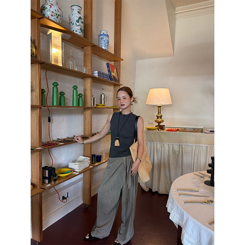 Early Spring Korean Simple Lazy Irregular Fart Curtain Wide Leg Suit Pants