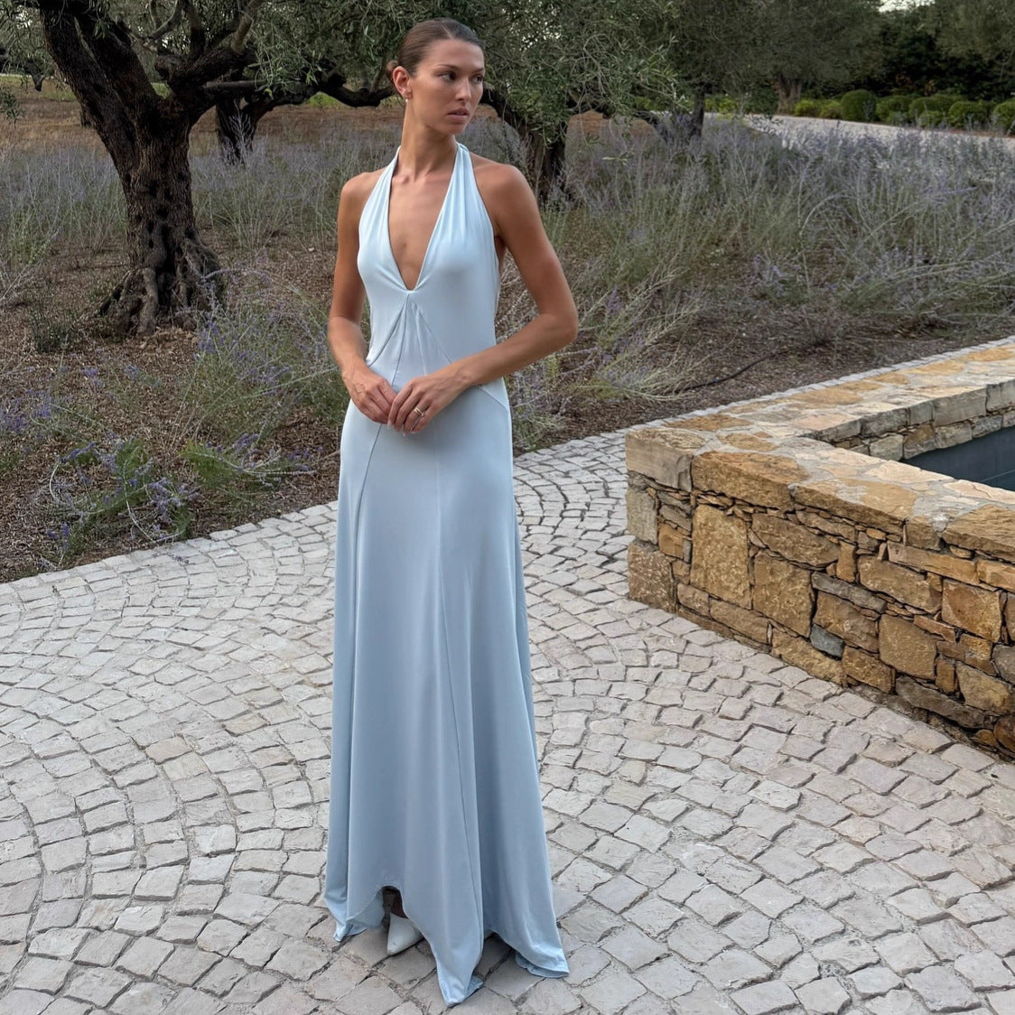 Fashion deep V streamer neck hip skirt waist pleated backless sexy dress