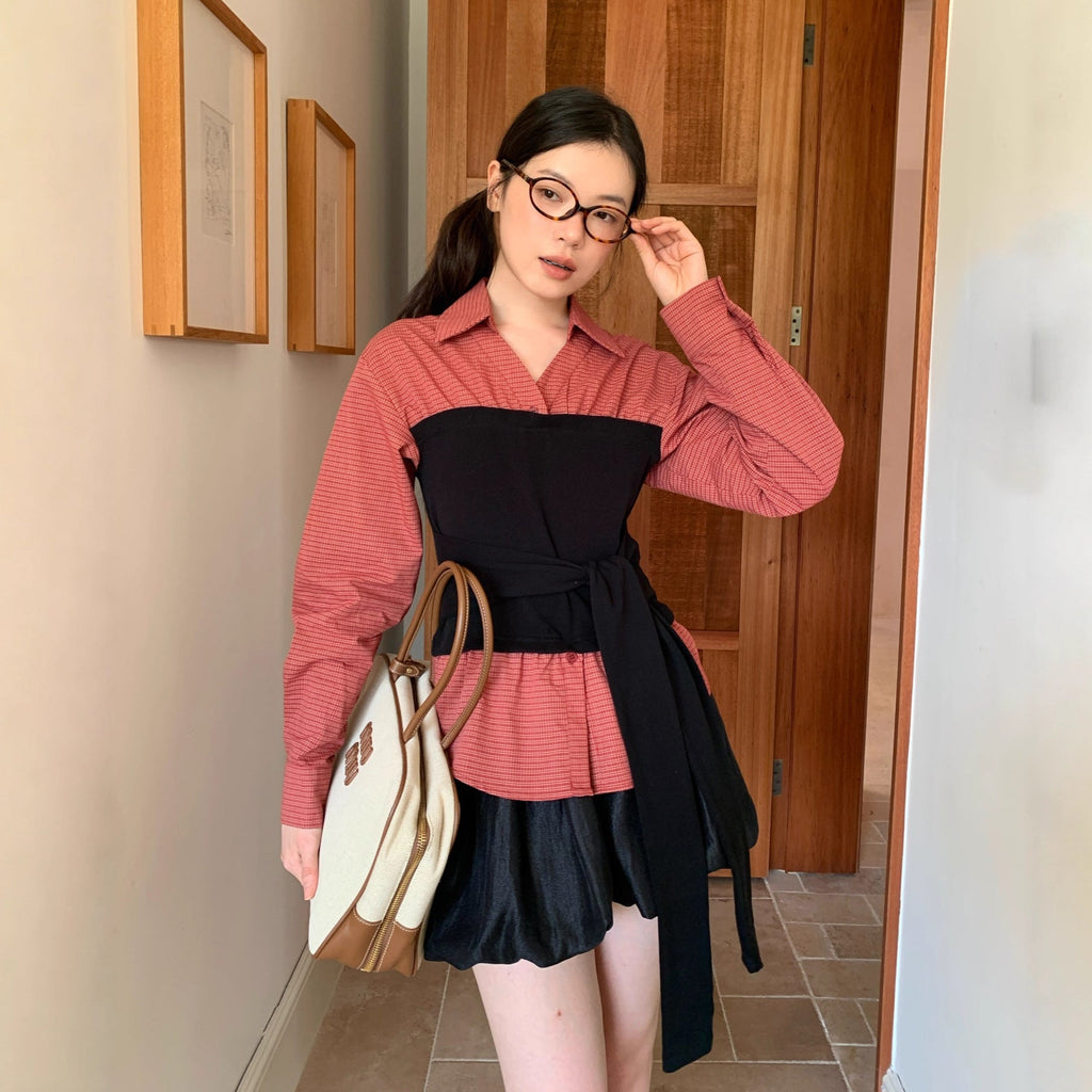 Fake two-piece contrasting splicing strap waist long-sleeved shirt