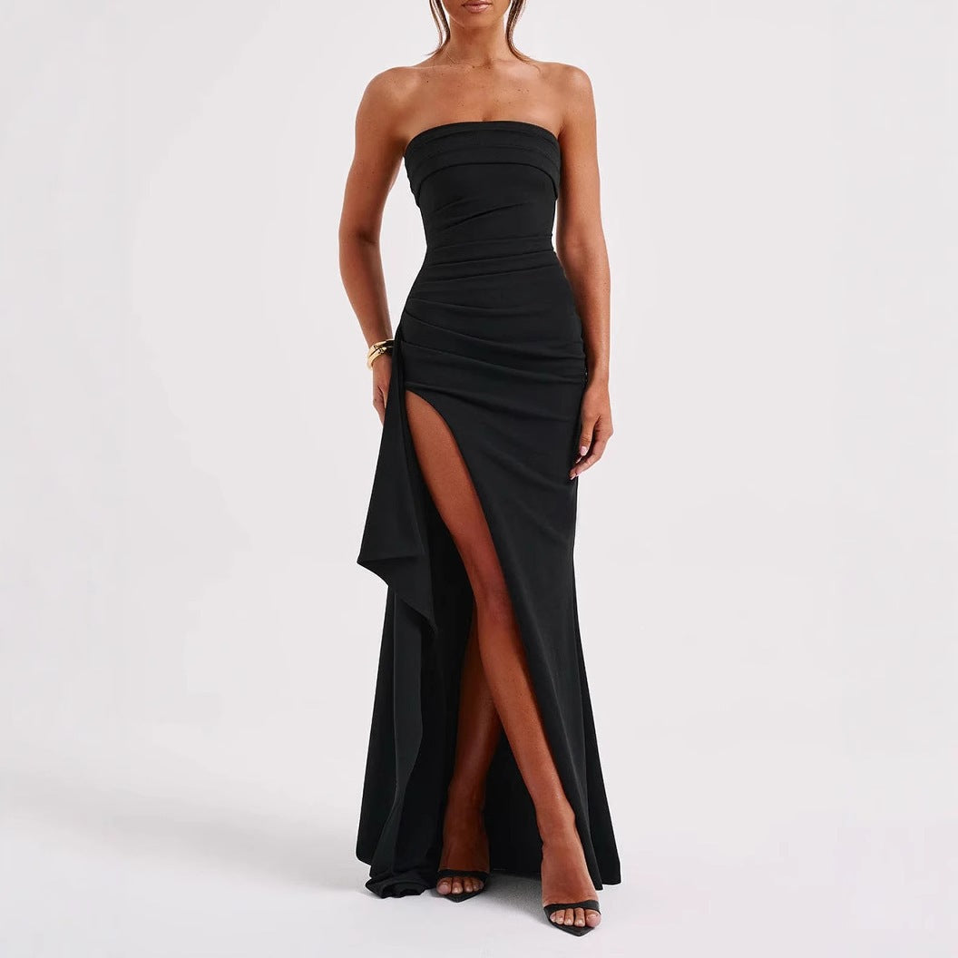 New tube top dress spring and summer sexy side split hip skirt evening dress