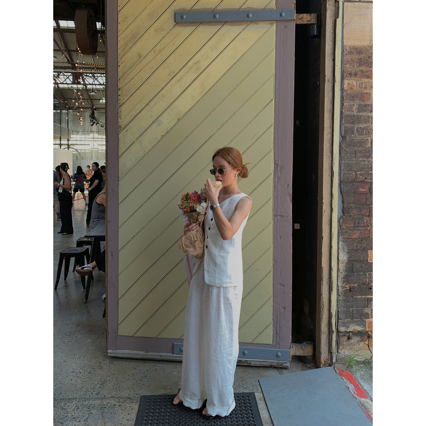 Early spring old money texture sleeveless linen single-breasted vest vest top