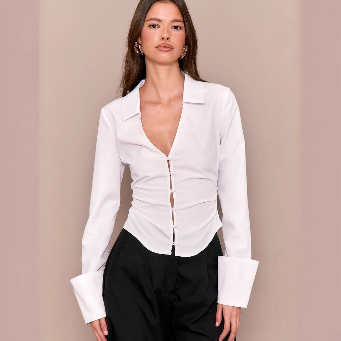 Sexy Cardigan Button Long Sleeve Shirt Waist Sexy White Top
