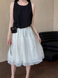 Tulle Mesh Skirt Women Korean Style A-Line Elastic Waist Mid-Length