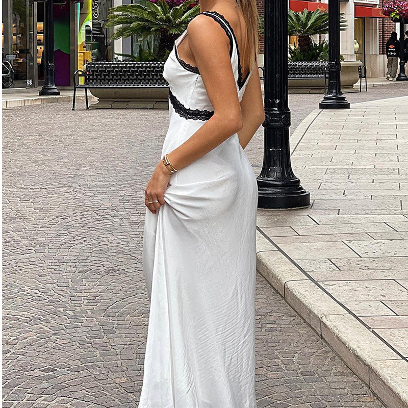 Lace Splicing Suspender Long Dress Fashion Sleeveless Satin Dress High Waist Sexy Babes