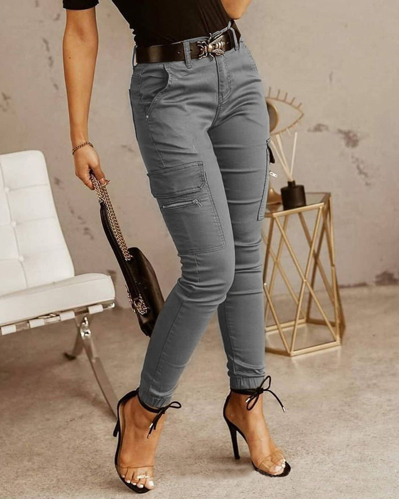 Low waist button solid color pocket toe overalls women's versatile