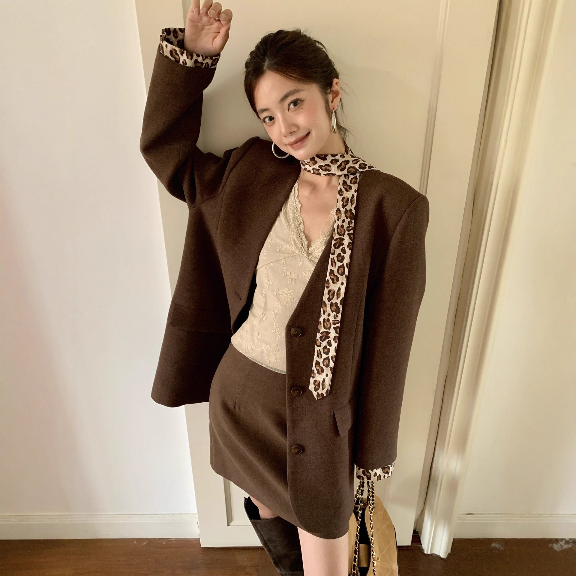 Autumn American fashion foreign style loose leopard print streamer v-neck blazer