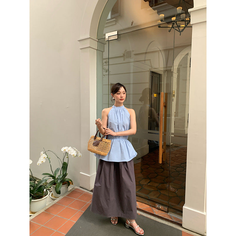 Casual simple and versatile solid color high waist and thin skirt