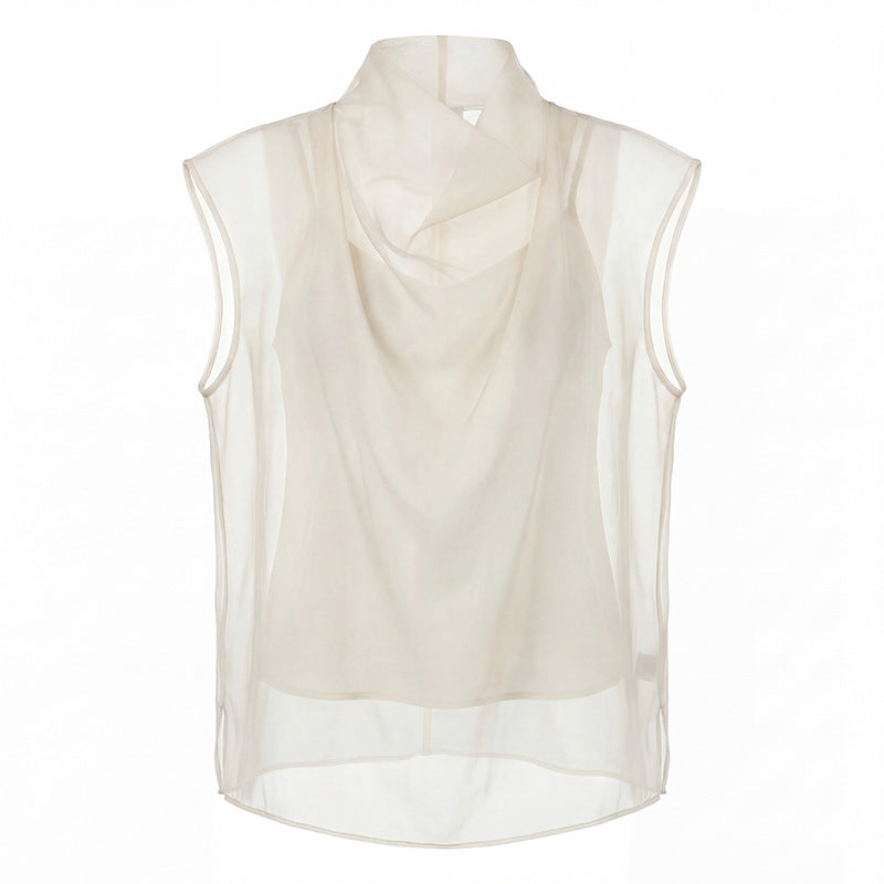 Spring French temperament pure desire sexy Tencel copper ammonia pile neck chiffon shirt