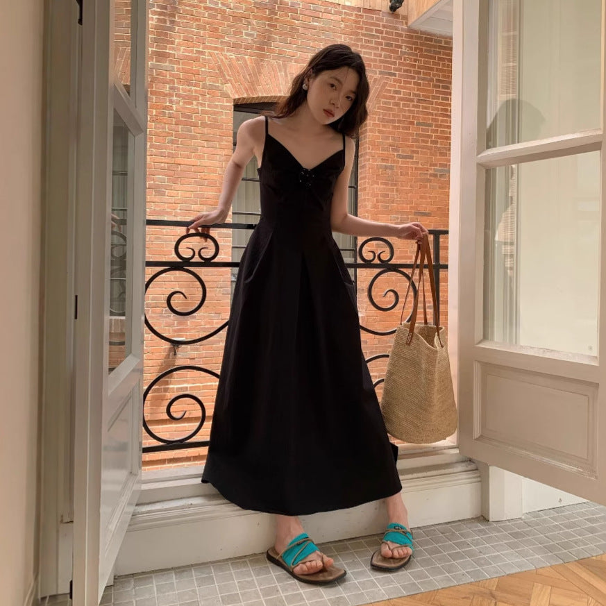 Hepburn Skinny French Dress V-Neck Suspender Waist Long Dress