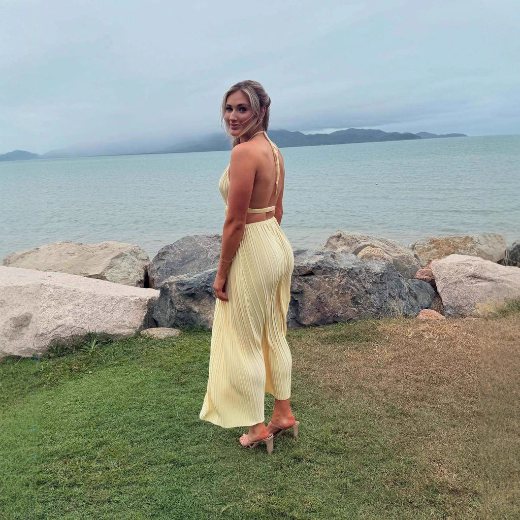 Elegant temperament backless pleated neck sexy dress