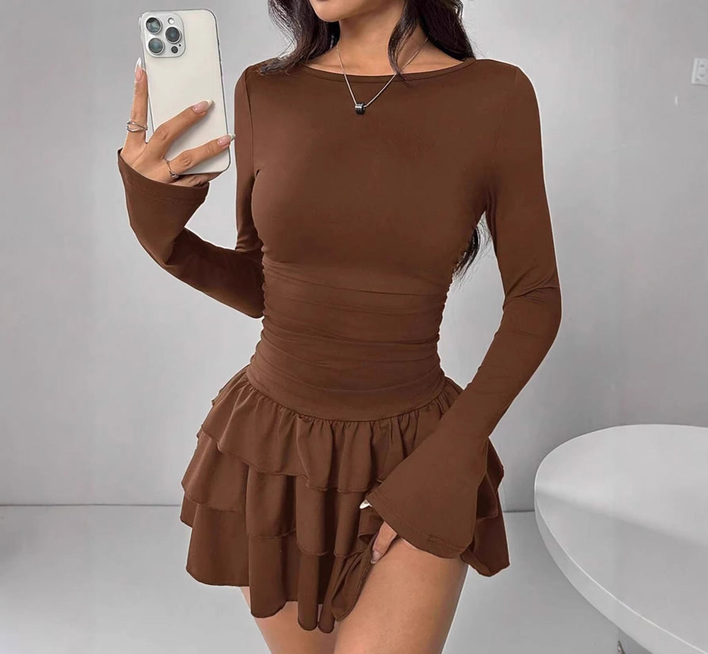 Slim Fit Midi Dress Women One-Shoulder Three-Quarter Sleeve Splicing
