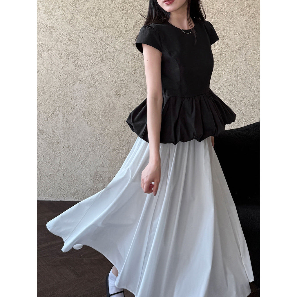 Temperament versatile splicing pleated hem lace T-shirt spring and summer new simple niche top short sleeve