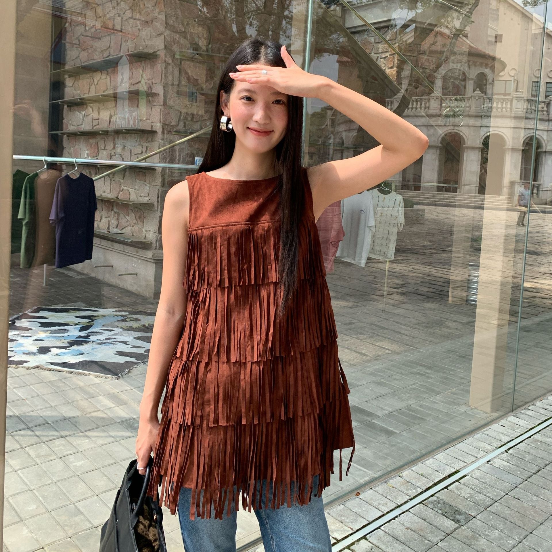 Bohemian temperament heavy industry fringed sleeveless vest dress