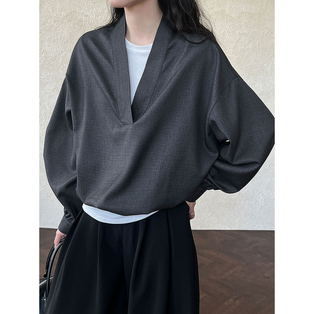 Korean niche V-neck loose waist shirt 2025 autumn new loose lazy style shirt 8501